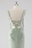Sage Green Ruffled Sheath Long Bridesmaid Dress with Slit