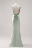 Satin Sheath Sage Green V-Neck Backless Maxi Bridesmaid Dress