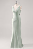 Satin Sheath Sage Green V-Neck Backless Maxi Bridesmaid Dress