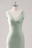Satin Sheath Sage Green V-Neck Backless Maxi Bridesmaid Dress