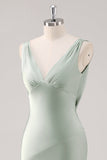 Satin Sheath Sage Green V-Neck Backless Maxi Bridesmaid Dress