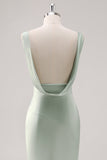 Satin Sheath Sage Green V-Neck Backless Maxi Bridesmaid Dress
