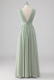 A Line Chiffon V Neck Long Sage Green Bridesmaid Dress with Slit