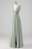A Line Chiffon V Neck Long Sage Green Bridesmaid Dress with Slit