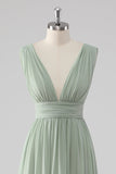 A Line Chiffon V Neck Long Sage Green Bridesmaid Dress with Slit