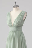 A Line Chiffon V Neck Long Sage Green Bridesmaid Dress with Slit