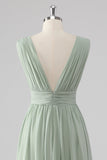 A Line Chiffon V Neck Long Sage Green Bridesmaid Dress with Slit