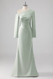 Sage One Shoulder Satin Ruched Sheath Bridesmaid Dress