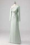 Sage One Shoulder Satin Ruched Sheath Bridesmaid Dress