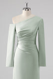 Sage One Shoulder Satin Ruched Sheath Bridesmaid Dress