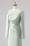 Sage One Shoulder Satin Ruched Sheath Bridesmaid Dress