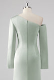 Sage One Shoulder Satin Ruched Sheath Bridesmaid Dress