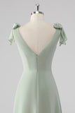 Sage Green V Neck A Line Bow Tie Bridesmaid Dress with Slit