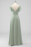 V Neck A Line Sage Green Ruffled Bridesmaid Dress with Slit