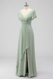 V Neck A Line Sage Green Ruffled Bridesmaid Dress with Slit