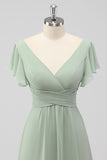 V Neck A Line Sage Green Ruffled Bridesmaid Dress with Slit