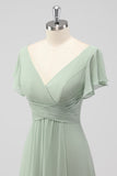 V Neck A Line Sage Green Ruffled Bridesmaid Dress with Slit