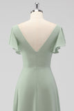 V Neck A Line Sage Green Ruffled Bridesmaid Dress with Slit