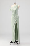 Sage Green One Shoulder Sheath Bridesmaid Dress with Slit