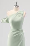 Sage Green One Shoulder Sheath Bridesmaid Dress with Slit