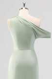Sage Green One Shoulder Sheath Bridesmaid Dress with Slit
