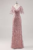 Dusty Rose V Neck Sheath Sequined Mother of the Bride Dress