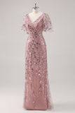 Dusty Rose V Neck Sheath Sequined Mother of the Bride Dress