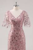 Dusty Rose V Neck Sheath Sequined Mother of the Bride Dress