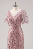 Dusty Rose V Neck Sheath Sequined Mother of the Bride Dress