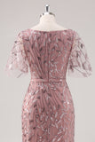 Dusty Rose V Neck Sheath Sequined Mother of the Bride Dress