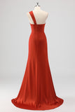 Rust One Shoulder Mermaid Satin Bridesmaid Dress with Slit