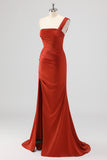 Rust One Shoulder Mermaid Satin Bridesmaid Dress with Slit
