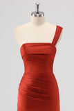 Rust One Shoulder Mermaid Satin Bridesmaid Dress with Slit