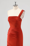 Rust One Shoulder Mermaid Satin Bridesmaid Dress with Slit