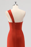 Rust One Shoulder Mermaid Satin Bridesmaid Dress with Slit