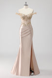 Leely Women Sparkly Corset Sheath Prom Dress with Slit Champagne Off the Shoulder Evening Dress