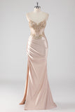 Sparkly Champagne Corset Mermaid Prom Dress with Slit