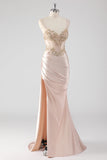 Sparkly Champagne Corset Mermaid Prom Dress with Slit