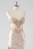Sparkly Champagne Corset Mermaid Prom Dress with Slit
