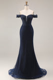 Sparkly Navy Mermaid Off the Shoulder Long Prom Dress with Beading