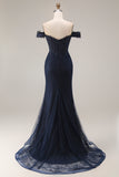 Sparkly Navy Mermaid Off the Shoulder Long Prom Dress with Beading