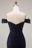 Sparkly Navy Mermaid Off the Shoulder Long Prom Dress with Beading