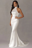 Ivory Halter Mermaid Stretch Satin Wedding Dress