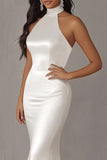 Ivory Halter Mermaid Stretch Satin Wedding Dress