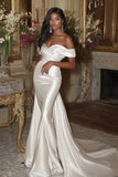 White Satin Mermaid Wedding Dress with Detachable Sweep Train