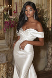 White Satin Mermaid Wedding Dress with Detachable Sweep Train