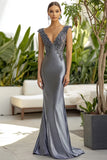 Dark Grey V Neck Sheath Applique Long Formal Dress