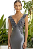Dark Grey V Neck Sheath Applique Long Formal Dress