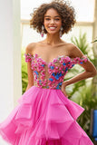 Fuchsia A Line Off the Shoulder Ruffled Applique Formal Dress