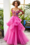 Fuchsia A Line Off the Shoulder Ruffled Applique Formal Dress